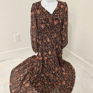 DownEast Black and Orange Floral Long Sleeve Dress